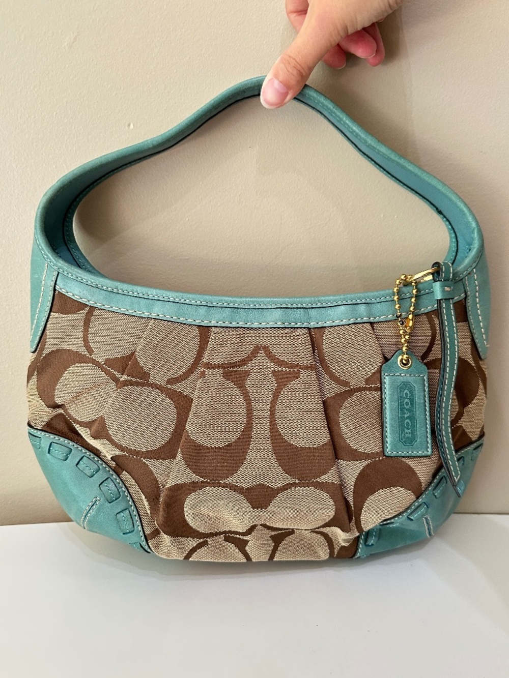 Rare Vintage Coach Signature Jacquard Teal Leather Hobo Ergo Shoulder Bag Y2K